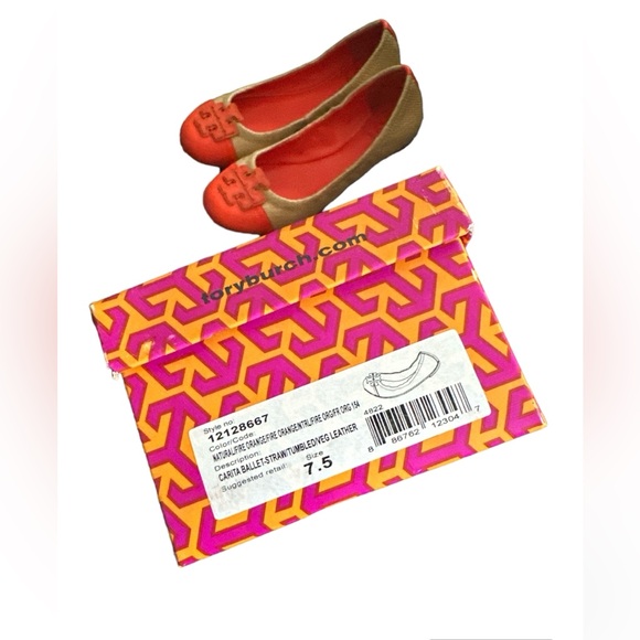 Pre owned Carita Ballet Straw and Leather Flats Size 7.5 in Fire Orange - Picture 4 of 4